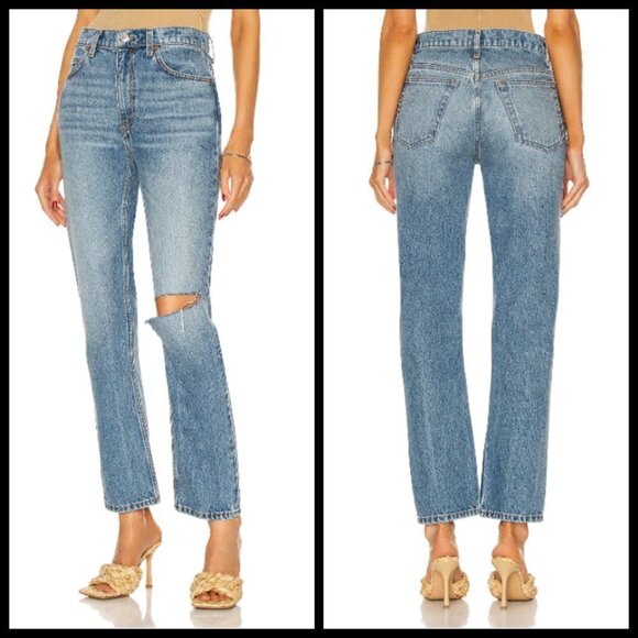 💕RE/DONE💕 70's Straight Leg Jeans ~ Daring Indigo With Rip High Waist 31 NWOT - Picture 2 of 16